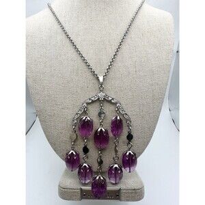Vintage Sarah Coventry purple drop dangle pendant chain necklace 24" long